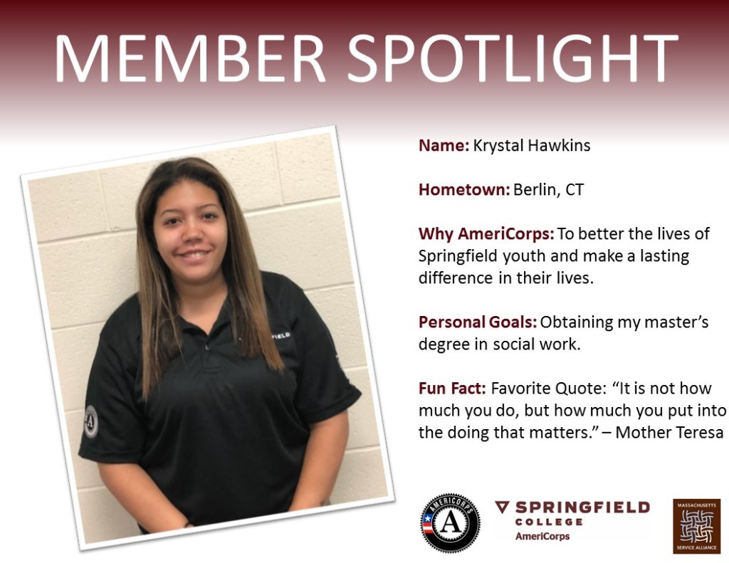 SCAmeriCorps's tweet photo. Check out our Member Spotlight of the week! #MassService #SpringfieldCollegeInclusionandCommunityEngagement https://t.co/UsJyhrZVYK