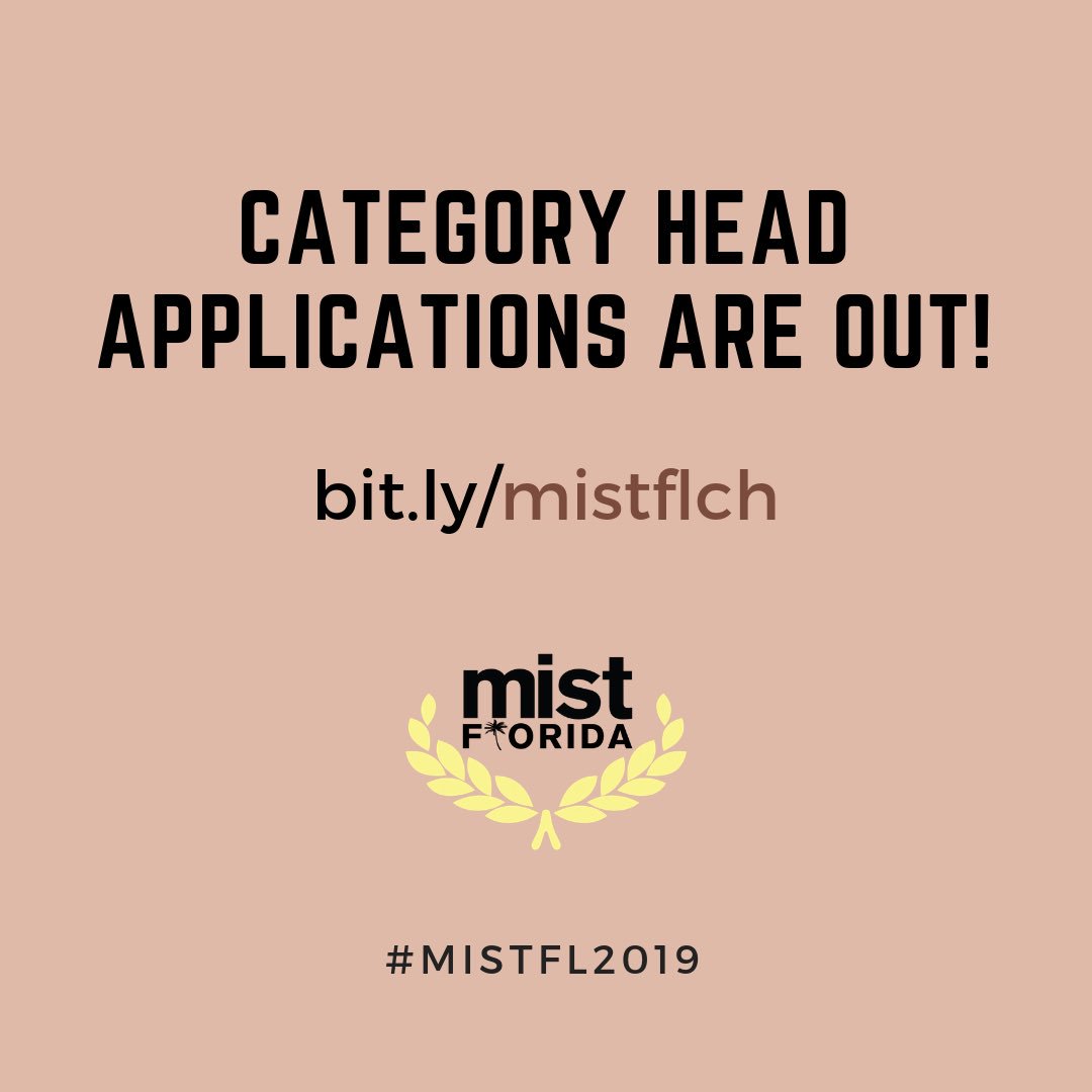 MISTFlorida's tweet photo. CATEGORY HEAD APPLICATIONS ARE OUT!
Salam guys! Category Head Applications are out now! Use the link above and fill out the application of you are interested! DEADLINE: Dec. 9th
#MISTFL2019 https://t.co/uI6LZ1bfqL