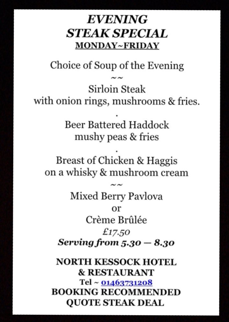 Last week of our November Evening Steak Deal at North Kessock Hotel #steak #deals #highlands <a href="/NorthCoast500/">North Coast 500</a> <a href="/northkessockps/">North Kessock Primary School</a> <a href="/Black_Isle_Info/">Black-Isle.info</a> @northhighland1 <a href="/dolphinverness/">Dolphin Spirit</a> <a href="/VisitScotland/">VisitScotland</a> <a href="/VisitScotGolf/">VisitScotland Golf</a> <a href="/decoaches1/">D&E Coaches</a> #accommodation #dolphins #lunch #dinner