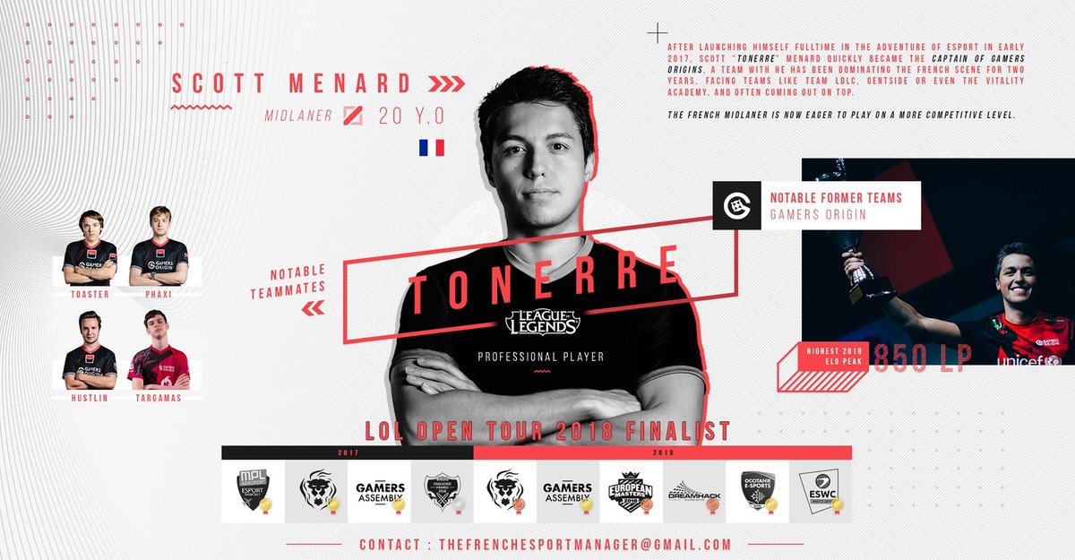 Tonerre_lol's tweet image. As the 2018 season now draws to a close, I am now a free agent and looking for inhouse opportunities.
I am mainly looking for LCS and academy offers but open to every discussion.

Contact : thefrenchesportmanager@gmail.com or DM.