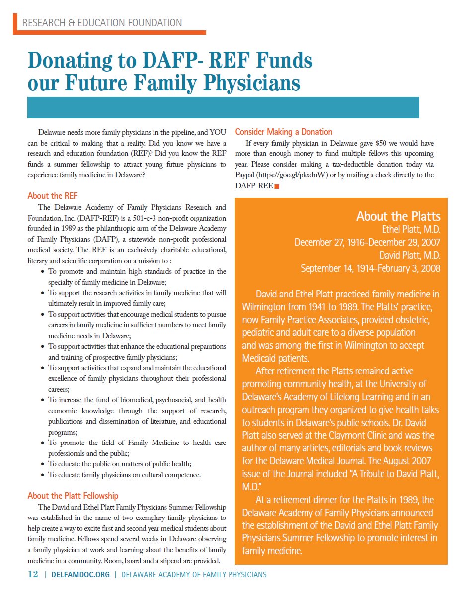 Delfamdoc's tweet photo. #GivingTuesday2018 The Platt Summer Internship allows medical students to spend time with DE family doc mentors in practice .Want to learn more about the Drs. David & Ethel Platt? Check out the article from the #DelFamDoc achives then donate https://t.co/8GQxKplBPF https://t.co/0sajzozbxK