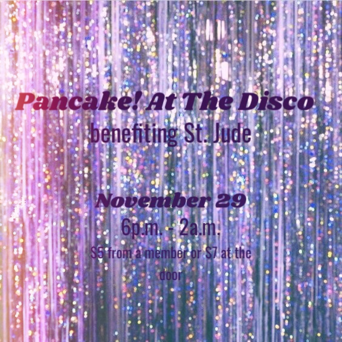 Pancake! at the Disco is this Thursday from 6pm-2am!! Stop by our house to get some delicious breakfast foods for $7 at the door or $5 from a Tri Delta!!! Proceeds benefit <a href="/StJude/">St. Jude</a> 🤩🌟🥞