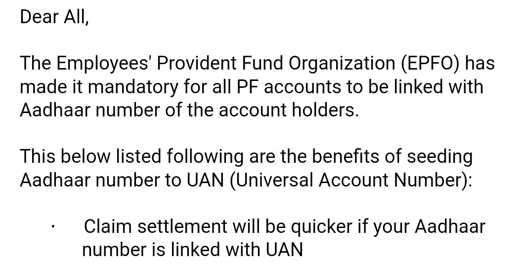 DennyVRoy's tweet photo. @AchyuthB @anivar I believe the same question applies to me as well, recieved a mail from company saying to submit aadhar num so as to link with PF account, and the word mandatory! https://t.co/8iRiEMVVIj
