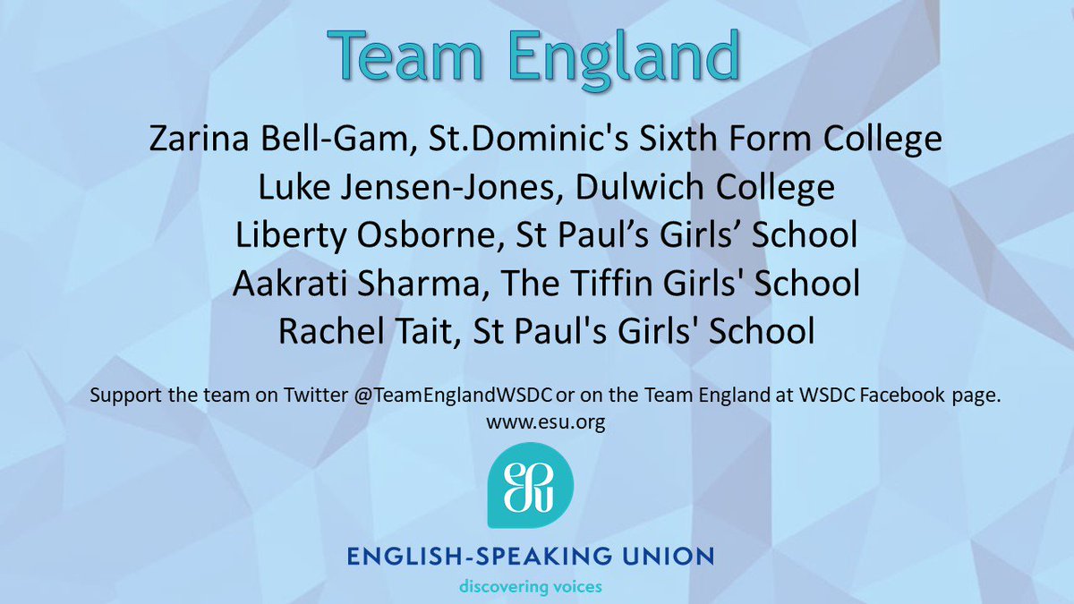 We're thrilled to announce this year's Team England for WSDC 2019! We’re also pleased that 40% of the team attend state schools, 40% of the team are BAME, and for the first time ever, 80% of the team are female! A final well done to all those who made it to the Development Squad
