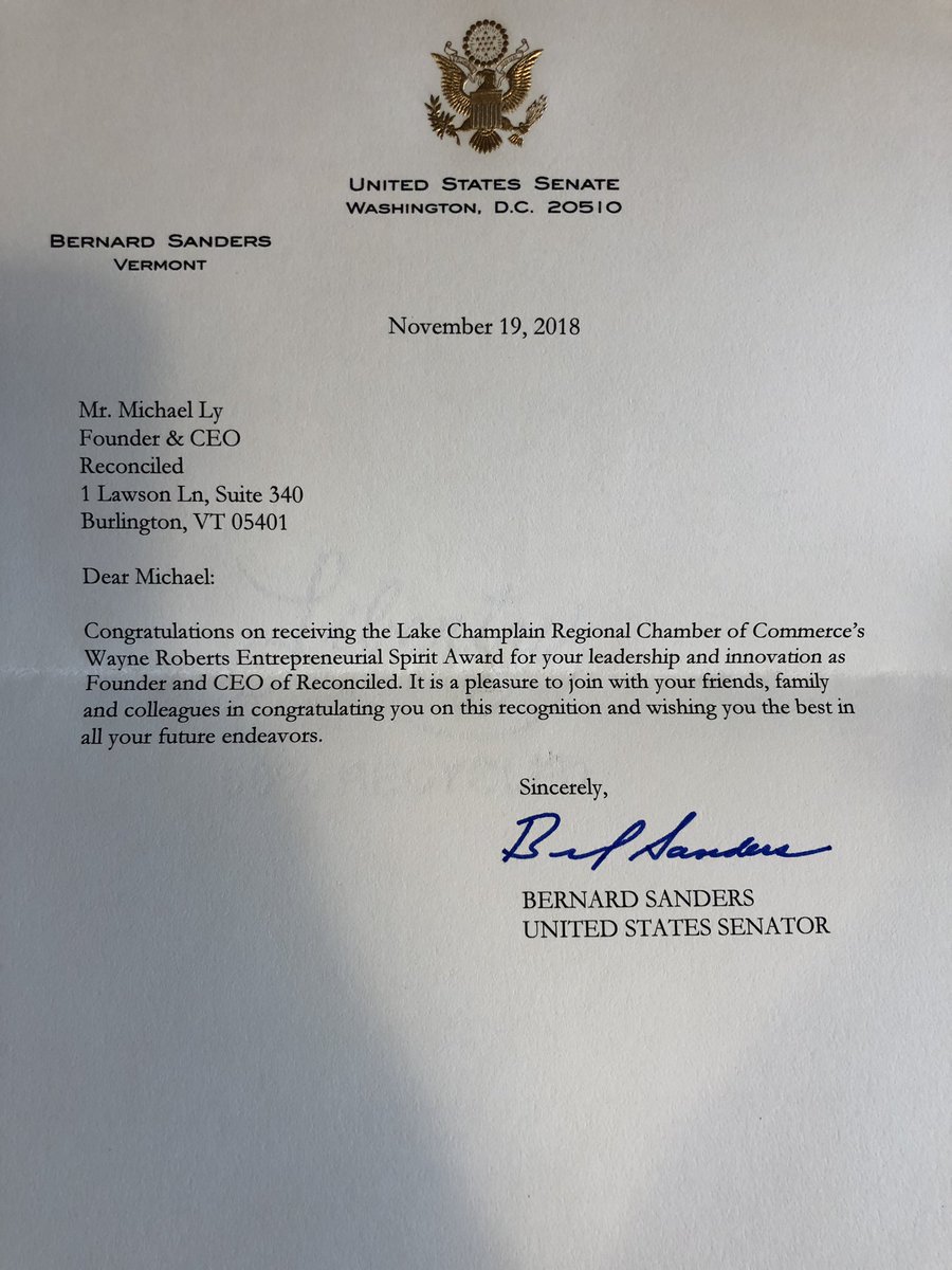 michael_ly_'s tweet photo. Thank you for the kind words @BernieSanders.  Proud to be growing @getreconciled in Vermont. https://t.co/HK44CLigFx