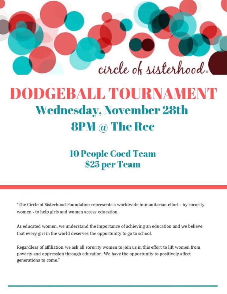 GCPanhellenic29's tweet photo. Wednesday night at 8 in the Rec. Make a team of 10 and play some dodgeball! $25 per team. We hope to see you there! https://t.co/wRMh9LJaO2