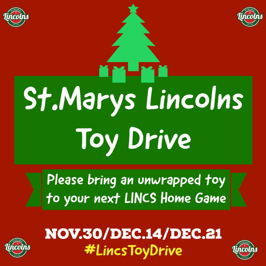 ProudPapaJ's tweet photo. BREAKING NEWS: @stmlincolns are extending their toy drive for their next three @GOJHL home games! We can all make a child's Holiday Season special here in @townofstmarys and in @PerthCounty. #LincsToyDrive https://t.co/aJsL8KRwCc