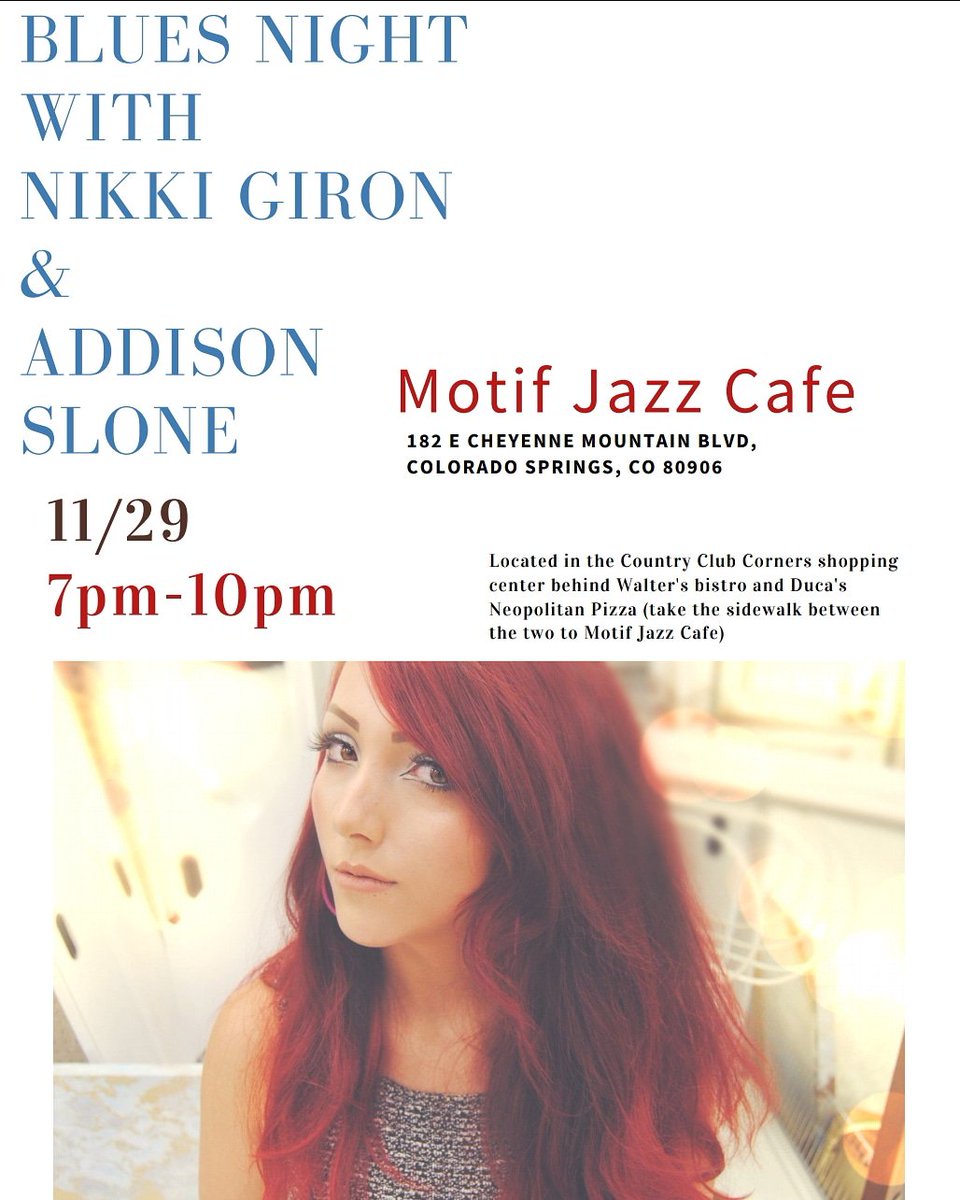 Blues Brews and Barbecue is back this Thursday with Nikki Gridon and Addison Stone 😎 RSVP @ Motifjazzcafe.com
•••
#coloradosprings #colorado #downtowncoloradosprings #downtowncos #my_cosprings #downtown_cs #olympiccityusa #motif #blues #livemusic #motifjazzcafe