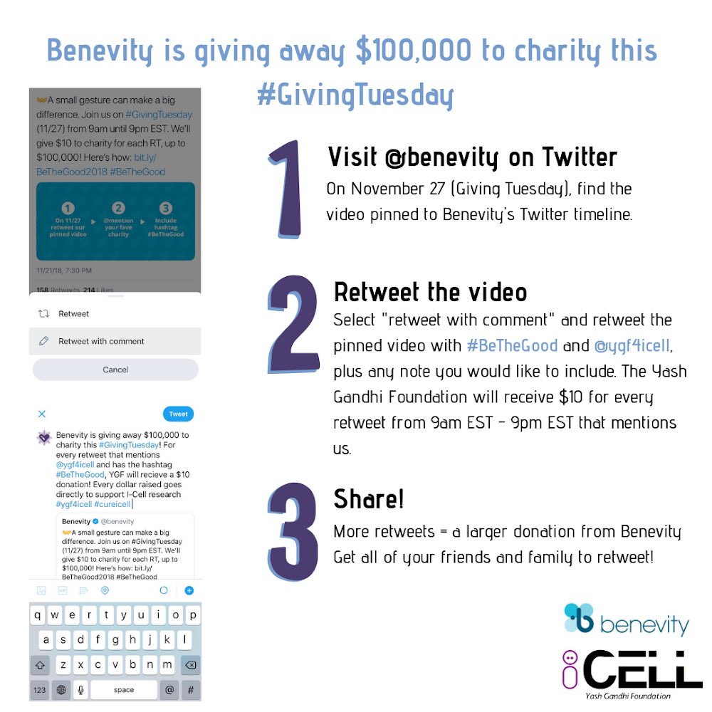Benevity is giving away $100,000 to charity this #GivingTuesday. Here is how to help us out. #BeTheGood #ygf4icell #cureicell <a href="/benevity/">Nam Nam</a> @GivingTues