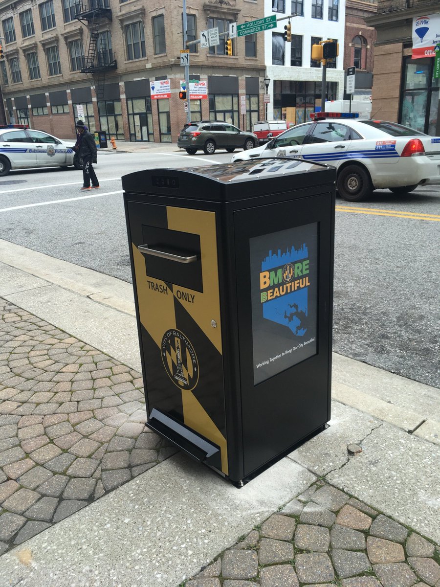 BaltimoreDGS's tweet photo. Spotted a new #Smart #Can at Baltimore st. and Commerce st. It looked so nice we found trash to throw away! 🗑️ #bmorebeautiful @BaltimoreDPW https://t.co/YqhccTRxcn