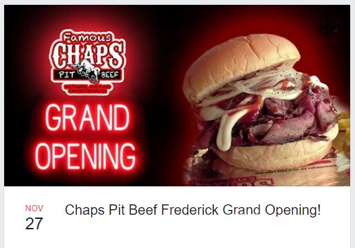 ChapsPitBeef's tweet photo. Come celebrate #ChapsFrederick's Official Grand Opening tomorrow, November 27th at 11am! Stop by for the festivities while enjoying the Best Baltimore Style Barbecue anywhere! Frederick County Chamber of Commerce will also be there to support us as we officially cut the ribbon! https://t.co/fAhsNSLxeq