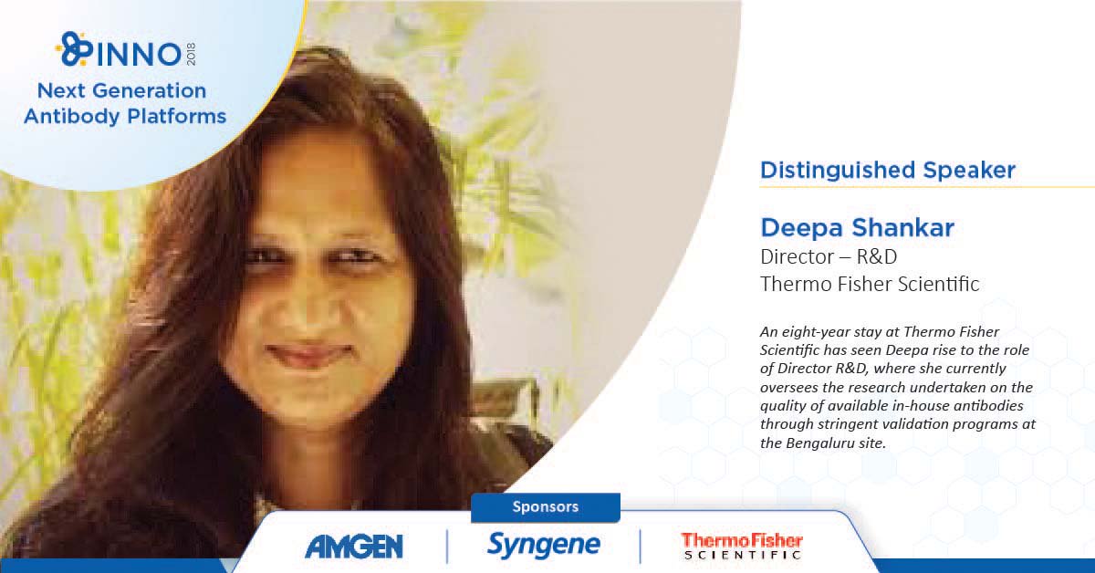 InnoFocusIn's tweet photo. At INNO 2018, come and listen to Deepa Shankar as she talks about “Addressing Antibody Reproducibility – ABfinity™ and beyond!”. Visit https://t.co/9M7utAqzHC for more details.
#INNO2018 #Antibodies #Symposium #AntibodyResearch #Amgen @SyngeneIntl @thermofisher @Amgen https://t.co/lJgKdTH4LX