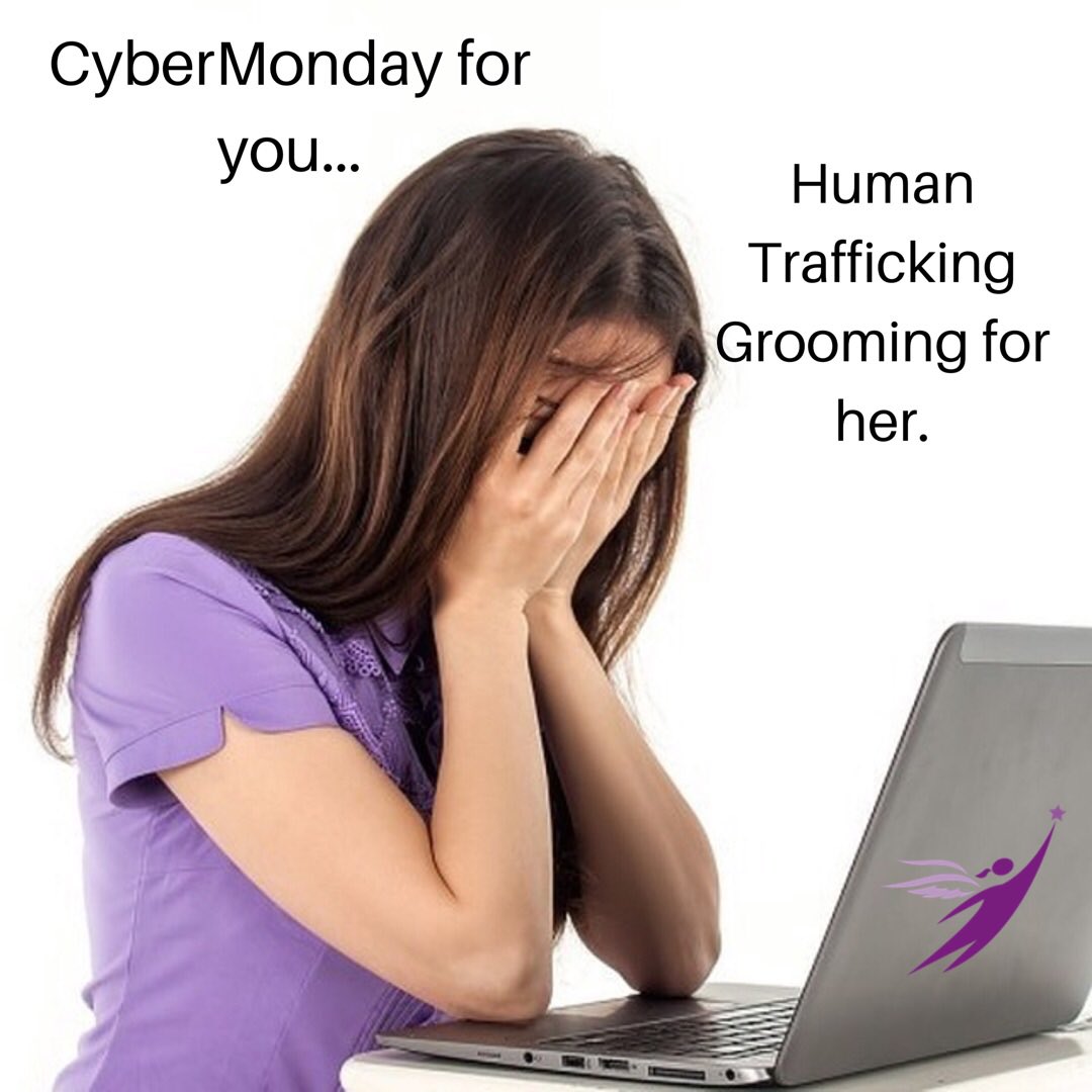 PurpleWingsOrg's tweet photo. It’s #CyberMonday and millions of people are shopping online. So are groomers &amp; traffickers. 75% of our human trafficking victims were recruited online as young as 14 yrs old. Talk to your child about internet safety, because it’s Cyber Monday everyday for traffickers. https://t.co/4fhzbacFHW