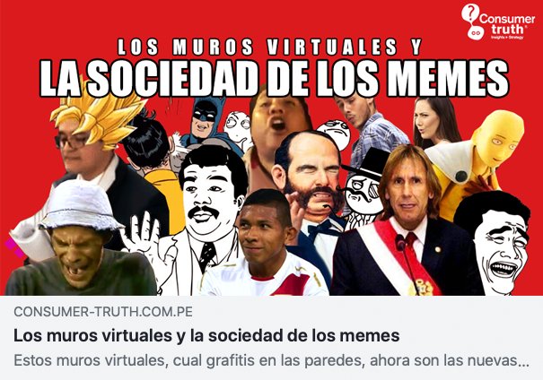 consumer_truth's tweet photo. #BlogCT "Estos muros virtuales, cual grafitis en las paredes, ahora son las nuevas voces de los silenciados, y los #memes, nuevas herramienta de #ComunicaciónSocial" ✊ Lee el nuevo post de @luchitoapunta, Analista en #Insights 👉 https://t.co/aUEK6tP0Dm #TransformaciónCultural https://t.co/k0HM60Jyhn
