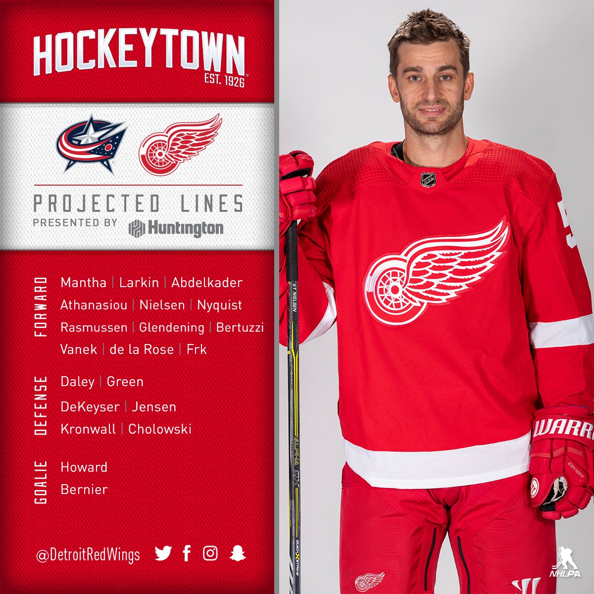 DetroitRedWings's tweet photo. Tonight's projected lineup. #CBJvsDET

📺 @FOXSportsDet 
📻 @971theticketxyt 
🏒 7:30 PM https://t.co/AQbCqPmSJ4