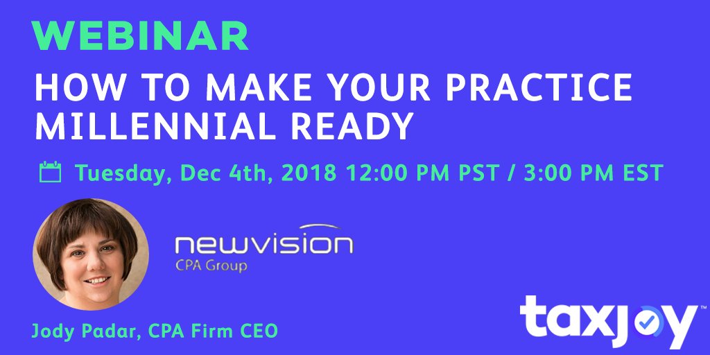 taxjoy's tweet photo. Is your practice millennial 🥑 ready? We're sponsoring a free 1-hour CPE webinar with #cpa @JodyPadarCPA. Join us on Dec 4th, 12:00 pm PST.  
Click here to register: https://t.co/XEZYZu6qe7 https://t.co/yZ8oymWDXg