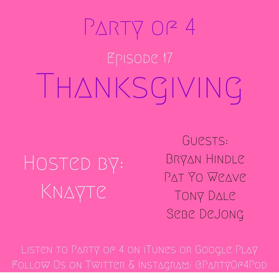 Thanksgiving episode is out today. @Knayte <a href="/Patriciayoweave/">Pat yo weave</a> <a href="/Boilertony/">Tony Dale</a> &amp; Sebe discuss Thanksgiving, the upcoming seasons of <a href="/RuPaulsDragRace/">RuPaul's Drag Race</a> All-Stars 4, and their favorite LGBT celebrities. The episode also has an interview with Canadian performer, Bryan Hindle. Check it out.