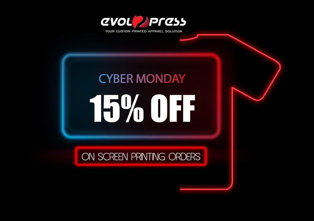 Evol2Press's tweet photo. Cyber Monday deal now thru Nov 30th. Any style, choose your design, min qty 24. More info and catalog available at https://t.co/2LfCGYQmjD #evol2press #screenprinting #customtees #deals #cybermonday #screenprint https://t.co/NZeR7NpVRq