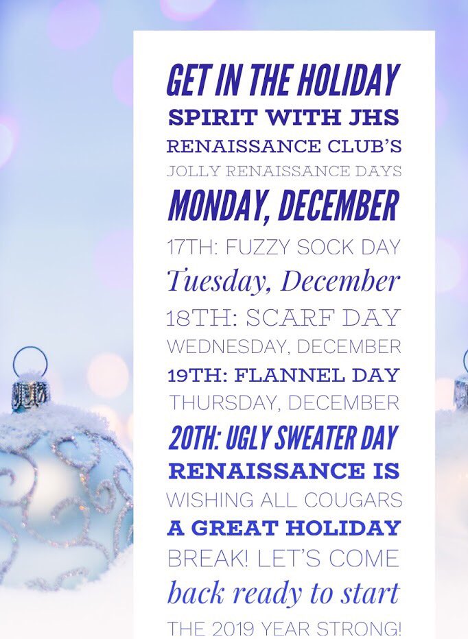 JHSRenaissance's tweet photo. Get in the winter spirit with JHS Renaissance during this year’s Jolly Renaissance Days! @jhs_comm @jhighsga_ @J_Renaissance #getreadyfor2019 #happywinter #fuzzysock #scarf #uglysweater #UglySweaterParty #flannel https://t.co/8iuNwcsXBW
