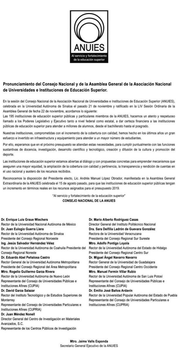 ANUIES's tweet photo. Pronunciamiento del Consejo Nacional y de la Asamblea General de la #ANUIES https://t.co/ej4j8ejPuq