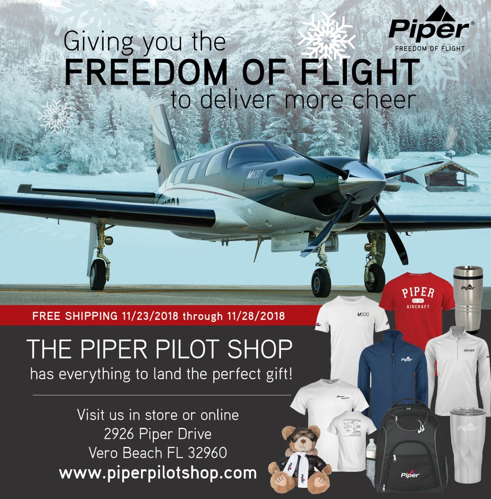 piperaircraft's tweet photo. We are giving you the Freedom of Flight to deliver more cheer! Shop on our online store and receive free shipping on orders $35 and up, now through 11/28. Visit: https://t.co/PMY6WMoFj0
#PiperAircraft #FreedomOfFlight #PiperPilotShop #FreedomOfFlight #avgeek #CyberMonday https://t.co/QNekV4Rapa