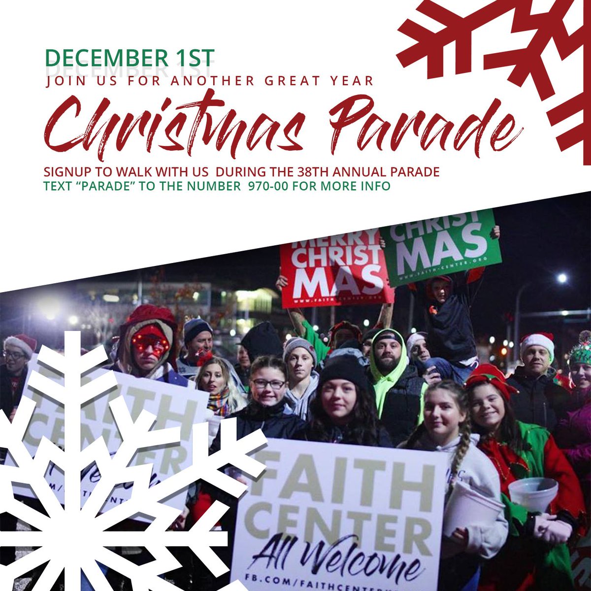 Text the word 'Parade' to the number '970-00' to let us know you're coming! 
#merrychristmas #kelsowa #longviewwa #faithcenter #christmasparade #christmas