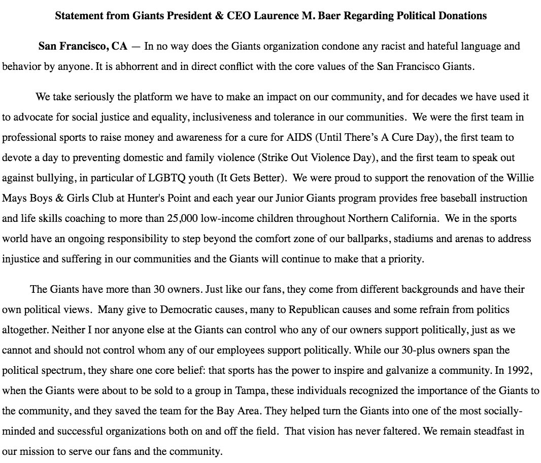 SFGiants's tweet image. OFFICIAL: Statement from #SFGiants President &amp;amp; CEO Laurence M. Baer Regarding Political Donations

LINK: bit.ly/2BA7Ev0