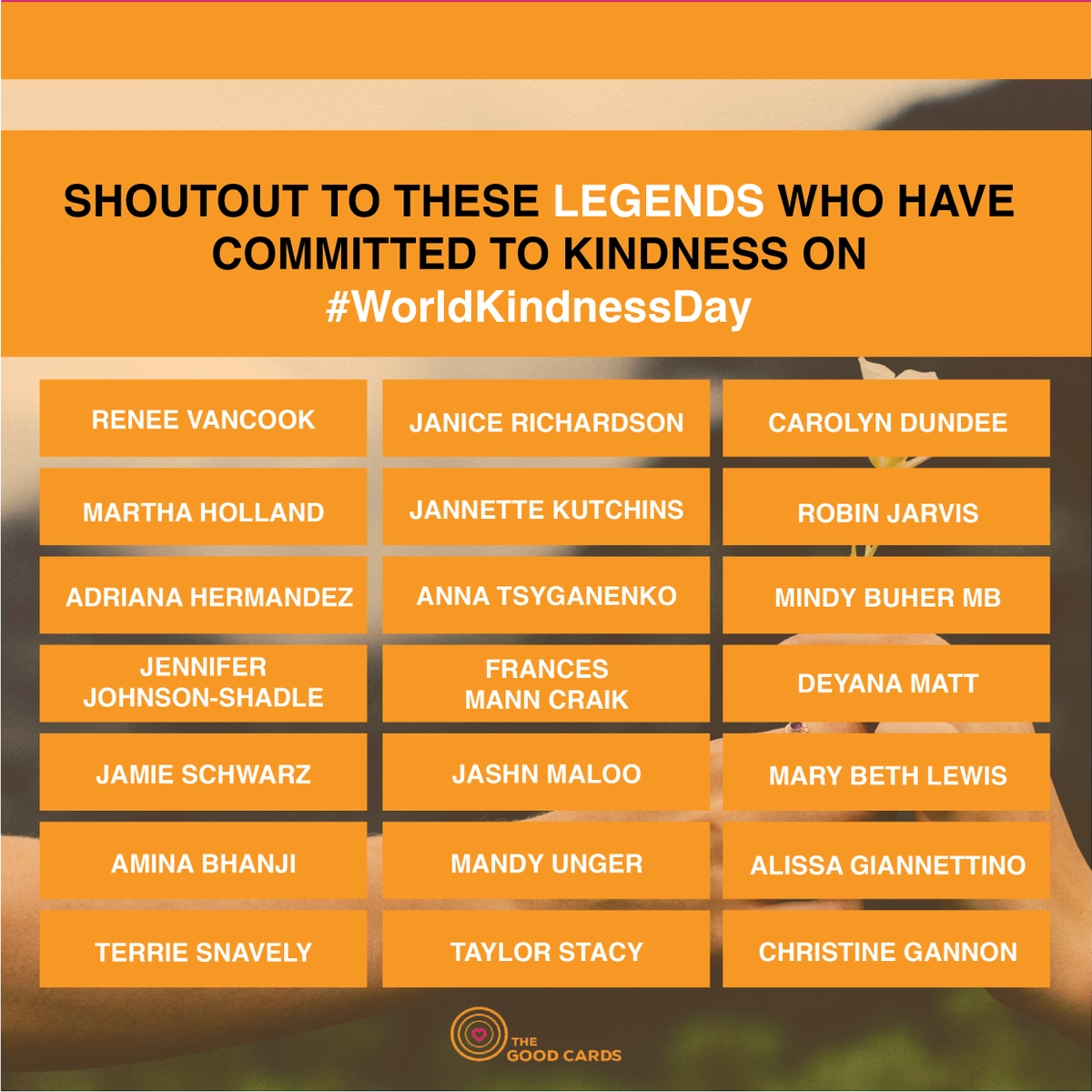 TheGood_Cards's tweet photo. Shout out to these legends who have committed to kindness on #WorldKindnessDay. Whether you have done something big or small, you have made a difference.
Thank you! Continue to do what you do and keep spreading the positivity!
#TheGoodCards #happinessinyourhands #payitforward https://t.co/Tzikl8U4bK