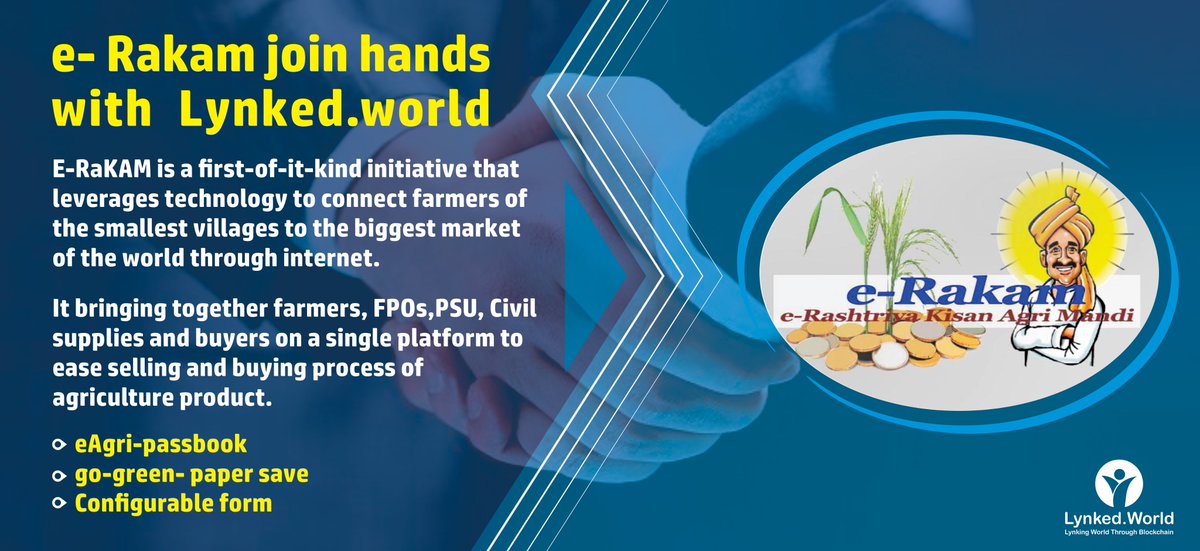 e-Rakam joins hand with Lynked.World. In its quest to take the #blockchaintechnology to the mass, we are cutting the solutions for eAgri-passbooks for farmers and connect them to the world largest market space through the internet. #massadoption #paperless #QRcode