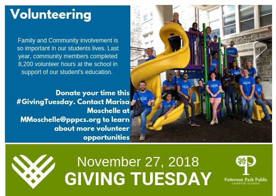 pppcs's tweet image. We know you time is valuable. We also know parent and community involvement is vital for student success.

Commit to donating your time this #GivingTuesday. Contact Marisa Moschelle at MMoschelle@pppcs.org to learn about more volunteer opportunities.