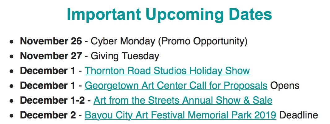 ArtPhotoPromo's tweet photo. This Week's Art Opportunities &amp; Deadlines: A few due dates and the chance to get out and #ShopHandmade! #CallforArt #CallforEntry https://t.co/dGCbLEeSbg