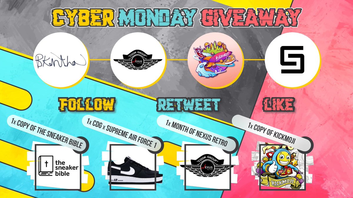 bkantha1's tweet photo. 🤖 Happy Cyber Monday! 🤖
24 Hours ⌛
Plenty of prizes! 🎈
One lucky winner will get a pair of CDG x Supreme Air Force 1! 👟🔥

To Enter: 
- Follow all @bkantha1, @NexusRetro_, @kickmoji_io, and @SwiftCop ✔️
- Retweet ♻️
- Like 💚
- Reply with your size 👟 https://t.co/c7fQwZRarI