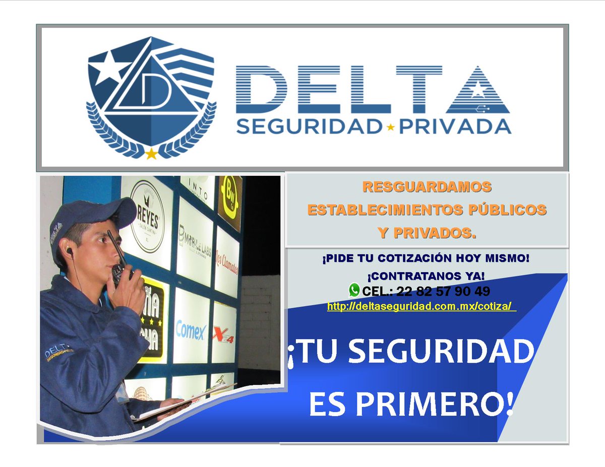 DeltaPrivada's tweet image. #TUSEGURIDADESPRIMERO #DELTA #SEGURIDAD #PRIVADA ¡Solicita tu cotización hoy mismo! En línea: deltaseguridad.com.mx/cotiza/  O al #WhatsApp: 22 82 57 90 49