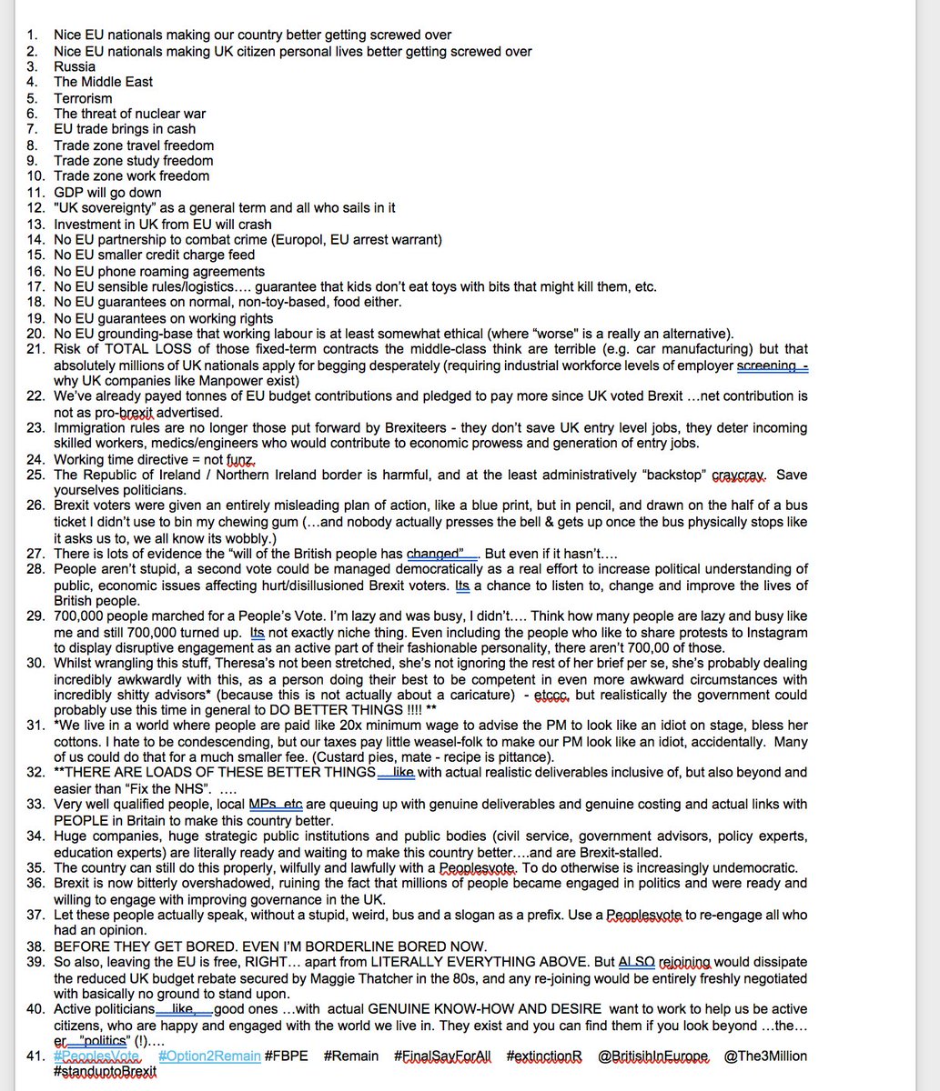 emilyrburnside's tweet photo. @10DowningStreet @theresa_may 41 reasons to find the Brexit deal a DEPLORABLE, BORING piss take on human existence:
[tap to expand] #BackTheBrexitDeal #Option2Remain #FBPE #Remain #extinctionR @BritisihInEurope @The3Million #standuptoBrexit #@eucitizenschamp #FBPE #WATON #revokeA50 #StopBrexitSaveBritain https://t.co/b1rGNH5glj