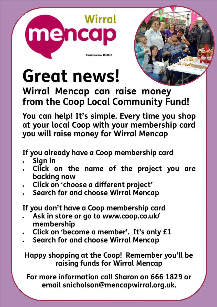WirralMencap's tweet photo. Do you shop at your local Coop?@coopuk Then you could help raise money for Wirral Mencap every time you pop in.  Get a membership card here, https://t.co/FRstLnMLWz 
click on Wirral Mencap as your chosen cause and then just shop!  Couldn't be simpler. #networxhour
#TheCoopWay https://t.co/rCeVDXydxo