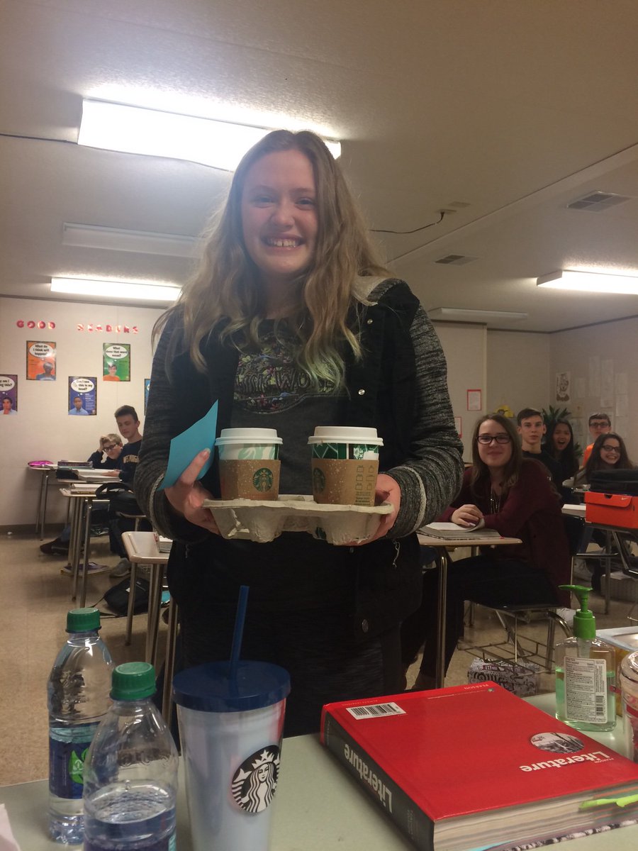 MissDunkel's tweet photo. Before the break I pranked my students with fake homework assignments! One was bring me Starbucks on Monday. While teaching a student was called to the office and came back with Starbucks for me! I am amazed right now! #GoldenStudent #GeneralsPride #AwardWinning #Surprised #teach https://t.co/GxvoyLoXVQ