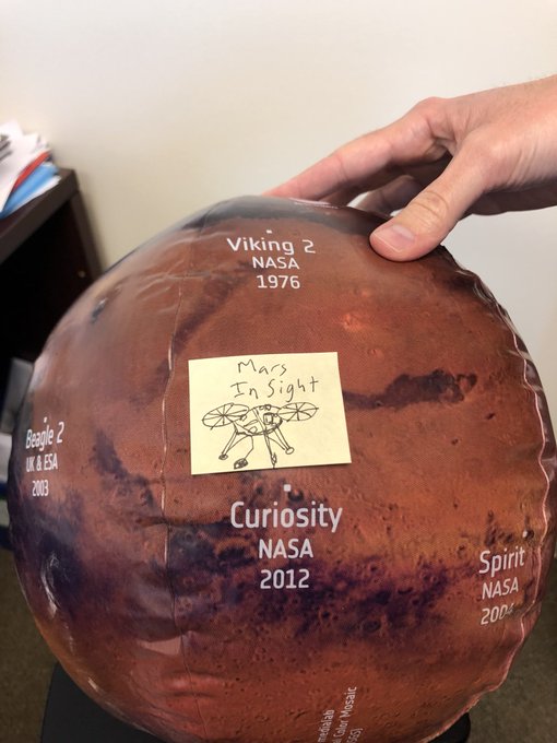 Mars beach ball globe with Mars InSight drawn on post-it note stuck to landing site