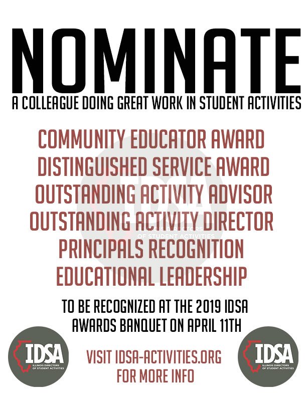 IDSA_activities's tweet photo. Do you know someone going above and beyond in the area of student activities?  Show your appreciation and nominate them! All honorees will be recognized at our 2019 State Convention Banquet on April 11th. https://t.co/PHymRHdRHP