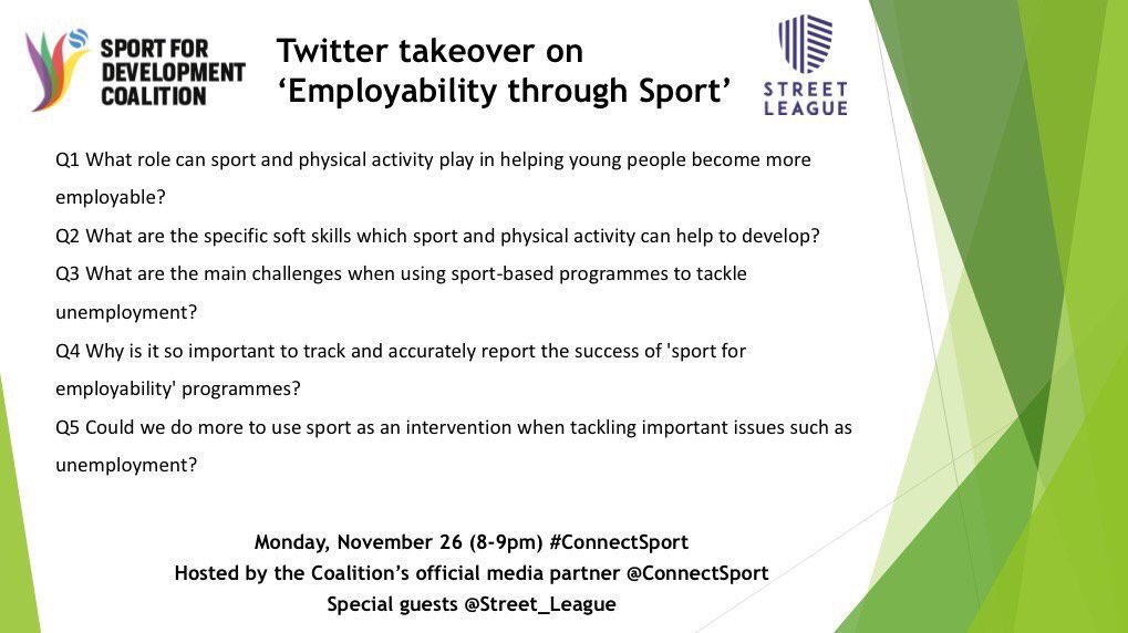ConnectSportCIC's tweet photo. Over the next hour, Lindsey and @Street_League will answer five key questions on ‘Employability through Sport’
We also want to hear from you! Remember to:
👉 Let us know which question you’re answering (eg A1 for Q1)
👉 Use the hashtag #ConnectSport
#SportforDevelopment https://t.co/H6VJnyc7XH