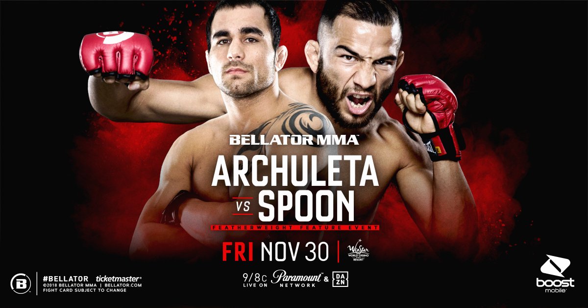 boostmobile's tweet image. It's a featherweight fury! Juan "The Spaniard" Archuleta (@jarchmma) meet Jeremy "Spooner" Spoon (@jeremyspoon) in the cage.