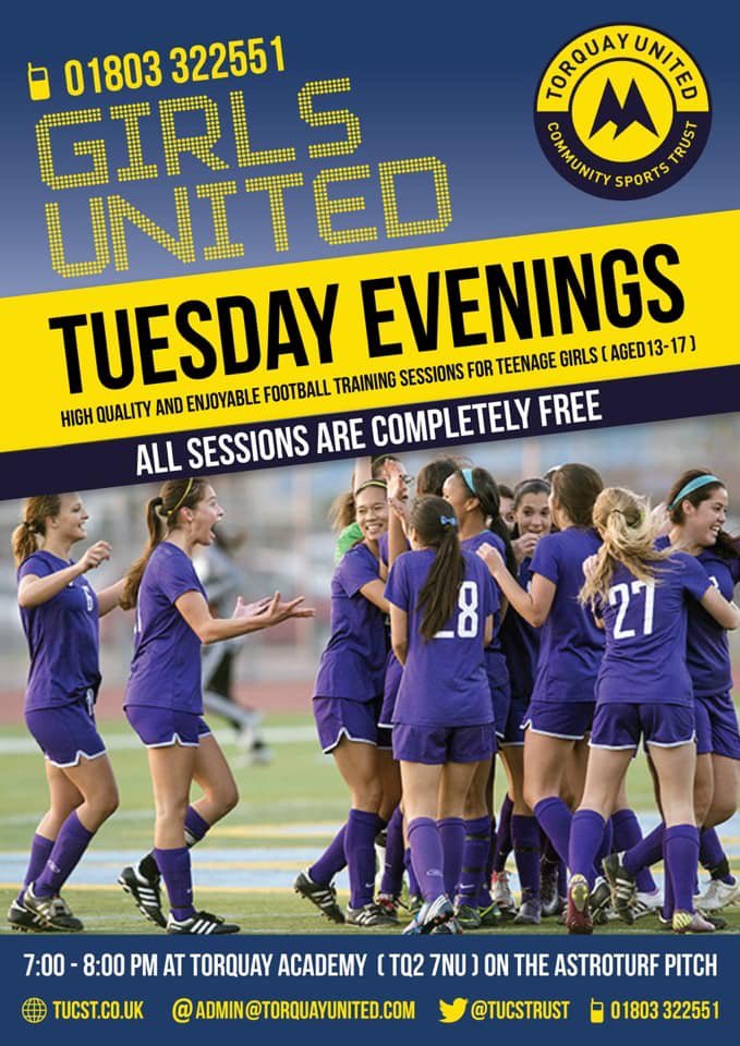 TUCSTrust's tweet photo. REMEMBER, our FREE football sessions for 13-17 year old girls continue tomorrow evening at Torquay Academy, 7-8.00pm. Get involved! ⚽️👱‍♀️👧
@SpiresCollege @TUFC1899 @TULFC @TorquayAcademy @PE_PCSA @TorquayGirlsGra @Coombeshead @NAbbotCollege @KEVICC @TheNLTrust @WembleyTrust https://t.co/kp6cTzixBZ