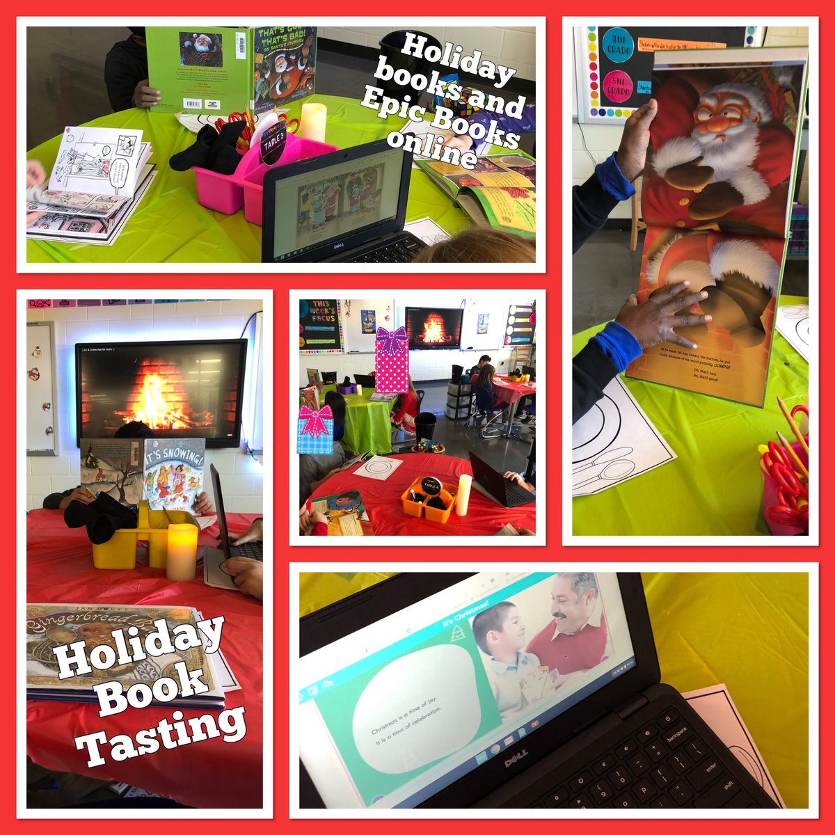ChrystalBurkes's tweet photo. We are having a holiday #booktasting in #library this week! Complete with #Christmas music, #christmasbooks, #fauxfire and @EpicKidsBooks books! Students love tasting #newbooks at their #librarycafe! #epicbooks #readingonline #edtech https://t.co/KSphuCmCLG