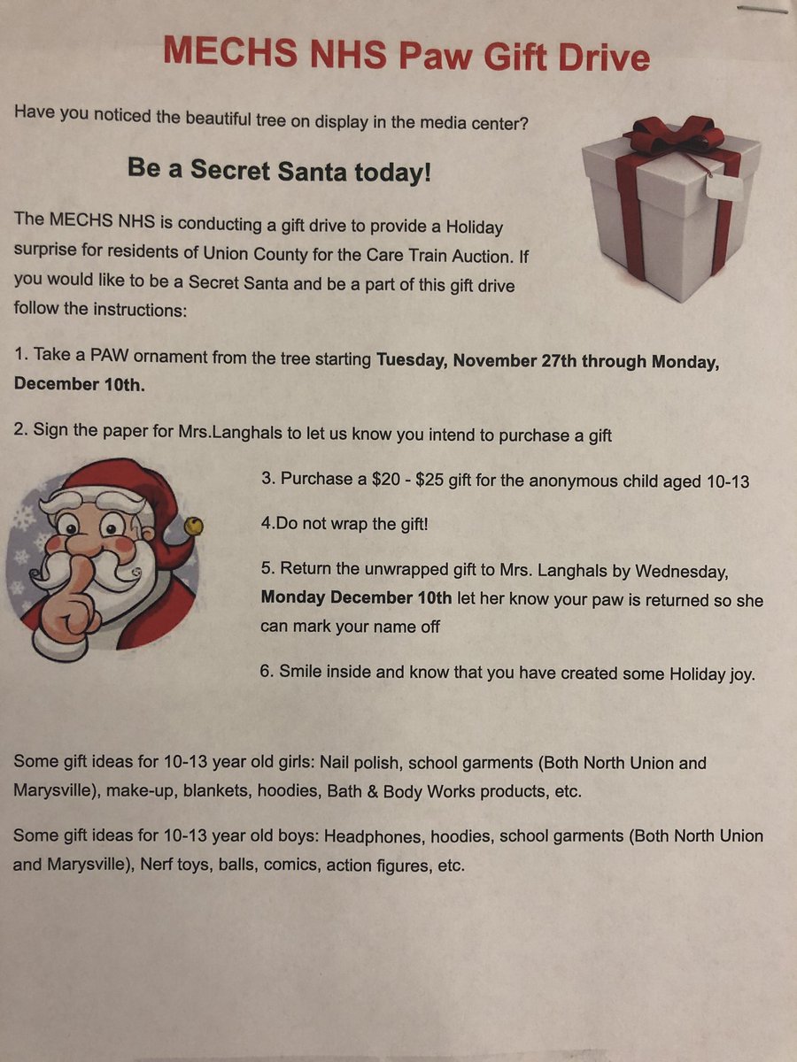 EverittMs's tweet photo. The MECHS NHS is holding a gift drive for local children age 10-13. Beginning tomorrow until December 10th take a PAW from the tree to help support a child in need in our community. https://t.co/fn6gXLcZSu