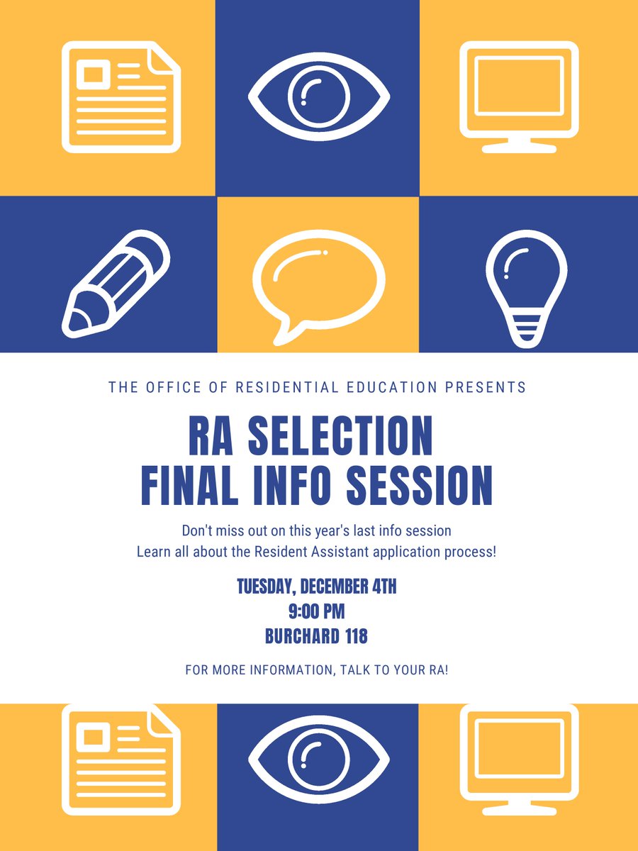 StevensStudents's tweet photo. By popular demand we are having one more RA Selection Info Session. If you missed the other 3, now's your chance to learn about the RA position and meet some of the Res Ed staff! Don't miss out on this one! #ResEd #RASelection https://t.co/CpwhjhheVT