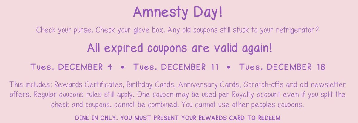 Mark your calendar! We have some Bonus Amnesty Days coming up next month!

#Ormond #Alfies #Coupons