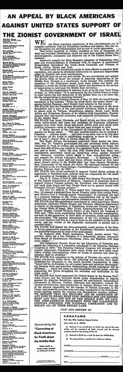 “We...are in complete solidarity w/ our Palestinian brothers & sisters, who like us, are struggling for self-determination & an end to racist oppression”NYT1970, the Committee of Black Americans for Truth about the Middle-East-signatories incl. Robert F. Williams & Lewis Michaux