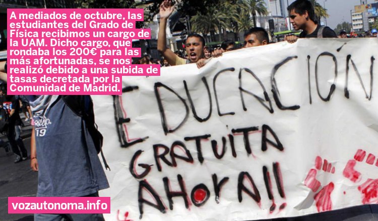 Desde la recién creada asamblea de Tasas Física nos mandan este texto explicando el conflicto que se abre en la universidad con un nuevo intento de encarecer la educación pública Para contactar con ellas
Twitter: @TasasFísica
E-mail: tasas.fisica@gmail.com
vozautonoma.info/2018/11/lo-sub…