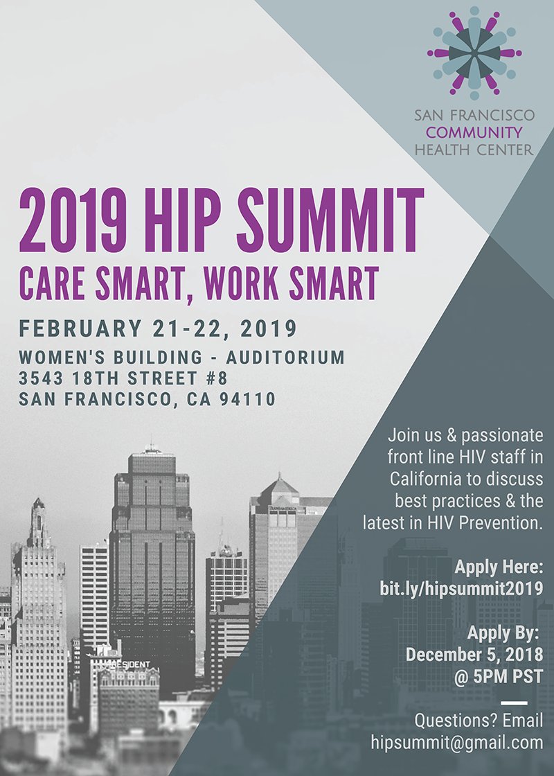 UCSFCAPS's tweet photo. Register for the 2019 HIP Summit on February 21-22, 2019 by @SFCHC415! https://t.co/llXLckMq4D For California-based frontline #HIV prevention staff to network, learn about best practices and new strategies, and build solutions to challenges @CBA_Providers https://t.co/IYjSqlNIeL