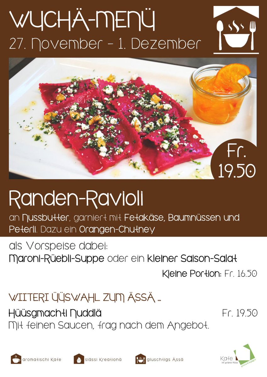 ImKafe's tweet photo. Gärn Präsäntiäred mier üch z aktuelli farbigä Wuchä-Menü im griänä Hüüs! 😋
#WuchäMenü #HüüsgmachtiPasta @ImKafe https://t.co/d5eppvXIRf