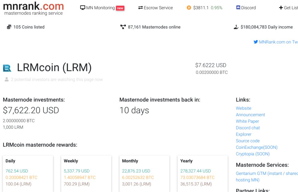 MN_Rank's tweet photo. LRMcoin (LRM) has been listed on #mnrank This project supported by #LPC and #LGS dev team. So this promise high ROI. stable network and great future. Welcome on board @lrmcoin 
#Masternode #bitcoin #cryptocurrency #INVESTMENTS 
#btc #cryptoinvestments https://t.co/UsF4E0hPfG